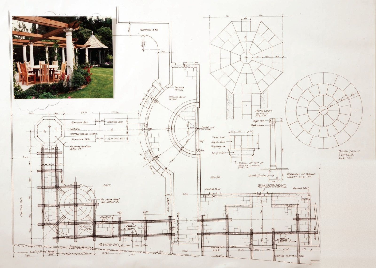 Hand-drawn setting-out plan for the rear garden pergola and paving