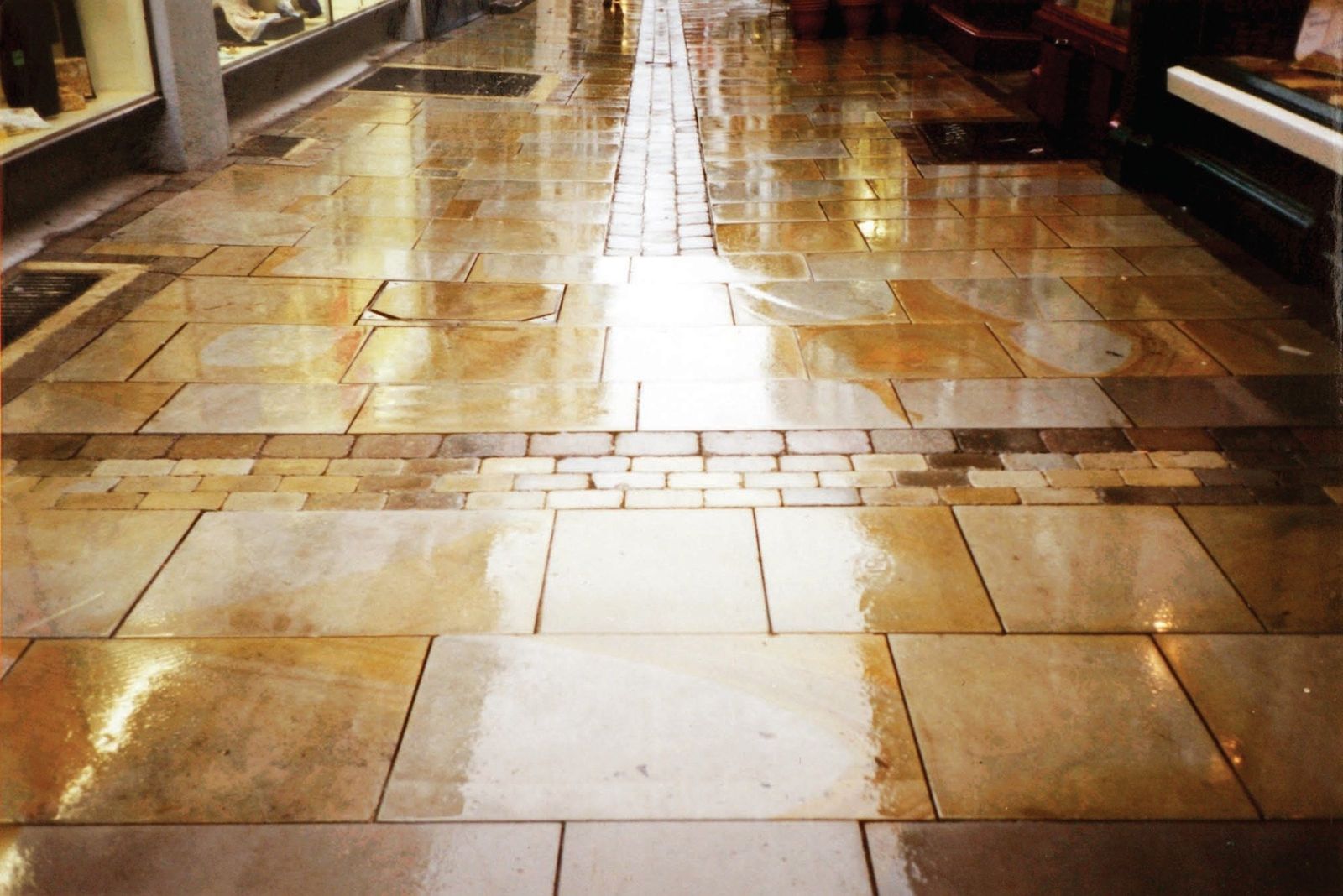 Close view of the new Yorkstone paving in Drapers Lane