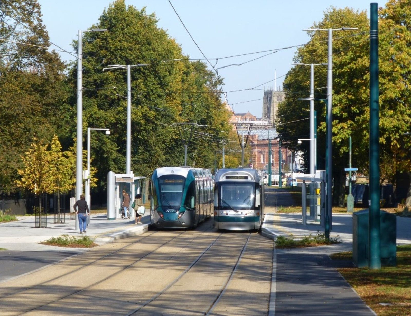 Trams at a NET 2 stop with new street trees