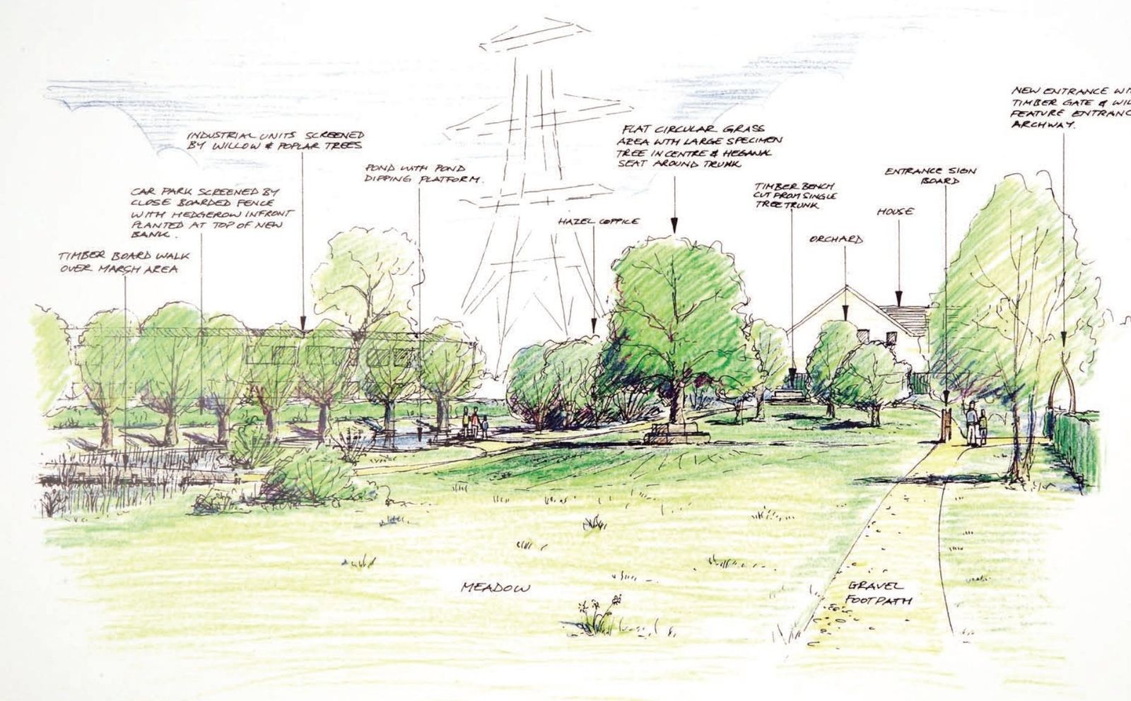 Hand-drawn sketch view across North Hinksey Community Park