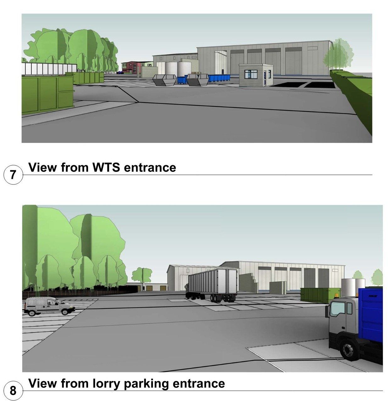 3D views of the Salfords site from the waste transfer station entrance and the lorry parking entrance